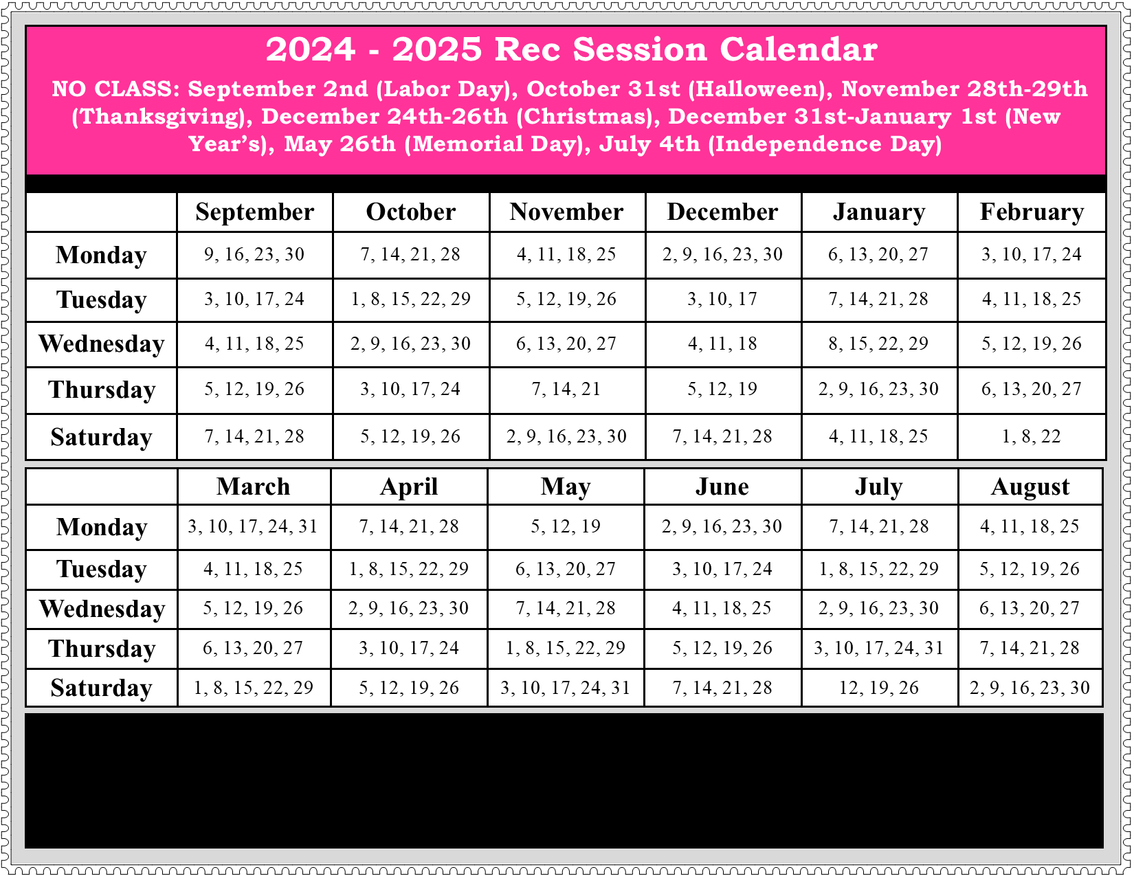 Rec Class Calendar
